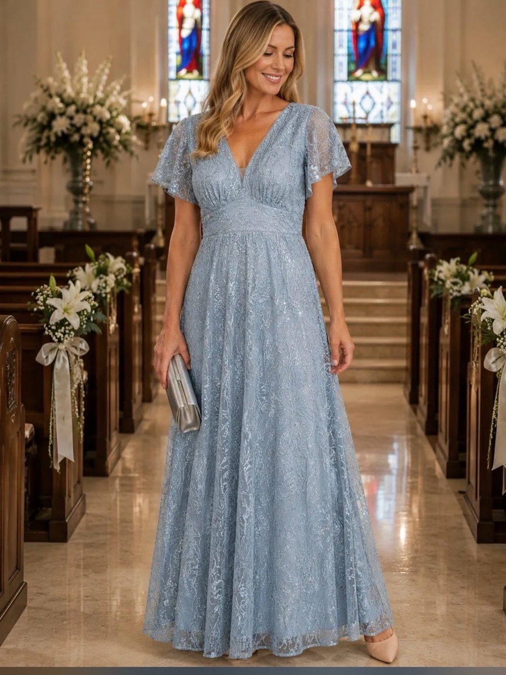 R&M Richards Sequin Gown Blue Silver 20W Formal Evening Dress NWT